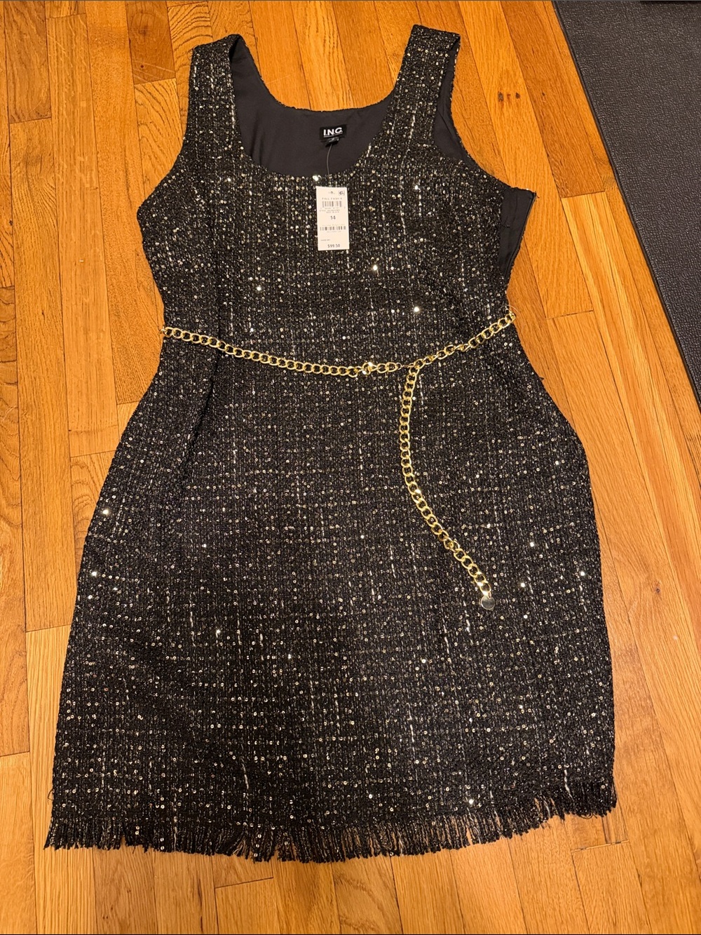 ING Black Sparkle Tweed Mini Dress with Gold Chain Belt